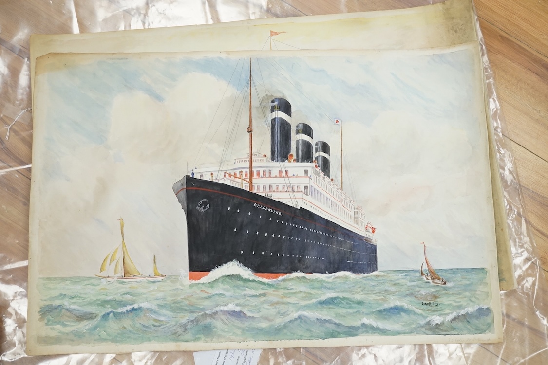John Harold Fry (British, 1881-1941), set of eight original watercolours for postcard designs, ocean liners to include SS Resolute Hamburg American Line, SS Bremen Norddeutscher Lloyd Line and SS Atlantis Royal Mail Line